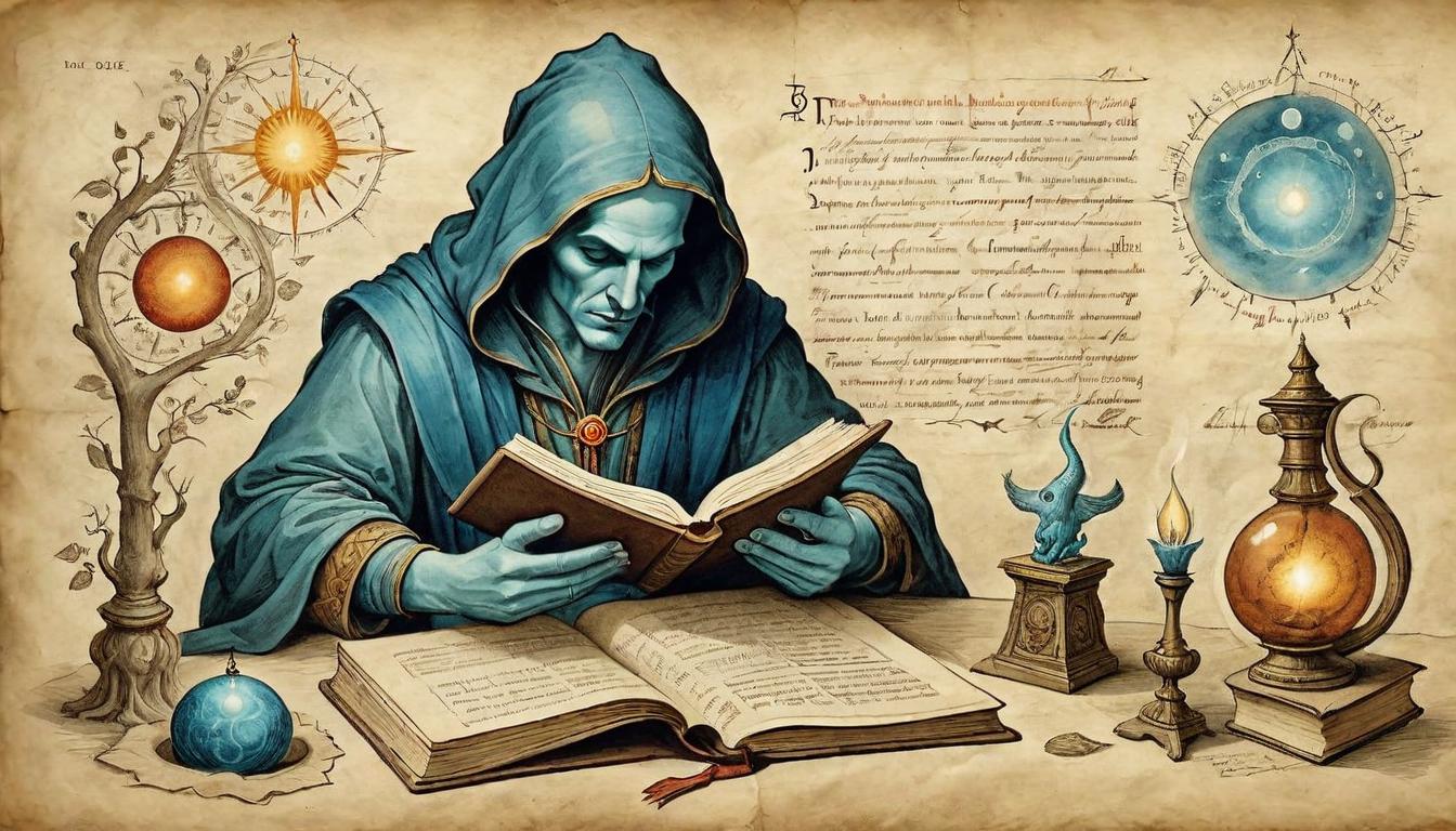  on parchment, surrealism+++, A figure with radiant aura, holding various objects like books and tablet, light flowing through these mediums, divine truths conveyed(mysterious, provocative, symbolic,muted color)+++