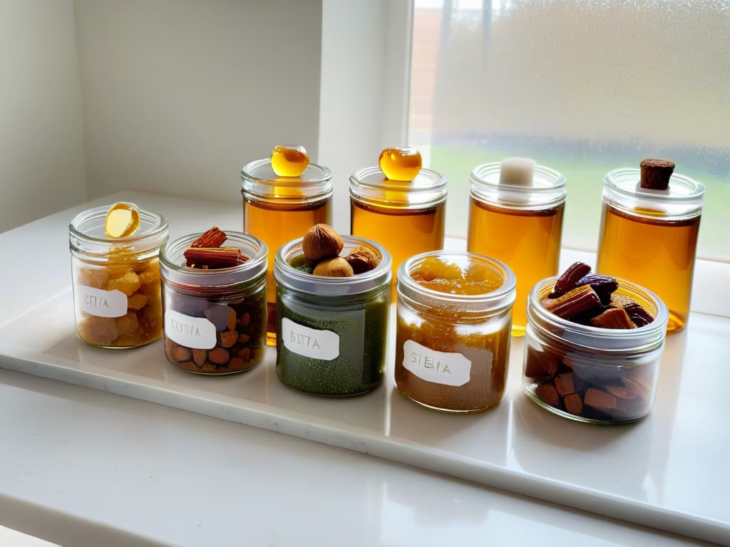  A closeup, ultradetailed image of a pristine white marble countertop with a variety of natural sweeteners elegantly arranged in small, glass jars. From left to right, the jars hold stevia leaves, raw honeycomb, coconut sugar crystals, maple syrup, and dates. The natural light filtering in from a nearby window casts soft shadows, highlighting the textures and colors of each sweetener. The overall aesthetic is sleek, modern, and visually captivating, perfect for a professional and inspiring article on choosing the best natural sweetener for baking. hyperrealistic, full body, detailed clothing, highly detailed, cinematic lighting, stunningly beautiful, intricate, sharp focus, f/1. 8, 85mm, (centered image composition), (professionally color graded), ((bright soft diffused light)), volumetric fog, trending on instagram, trending on tumblr, HDR 4K, 8K