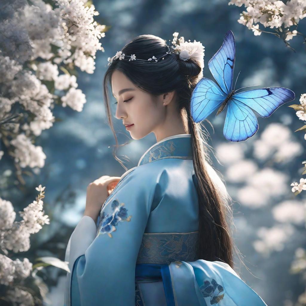  masterpiece, best quality, (Fidelity: 1.4), Best Quality, Masterpiece, Ultra High Resolution, Poster, Fantasy Art, Very Detailed Faces, 8k resolution, Chinese Style, An woman, Side Face, Quiet, Light Blue Hanfu, Tulle Coat, Long Black Hair, Light Blue Fringed Hair Ornament, Hairpin, White Ribbon, White Flower Bush, Light Blue Butterfly Flying, cinematic lighting effects