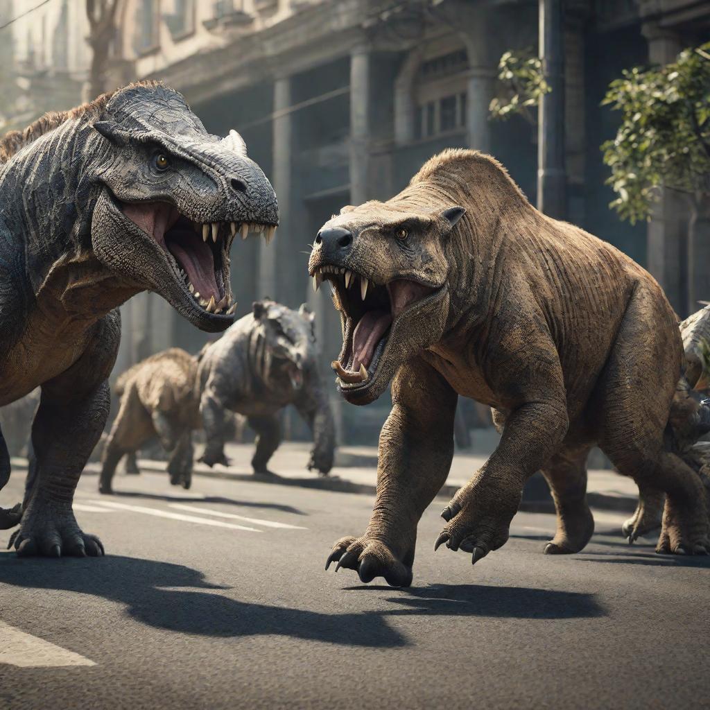  ancient prehistoric animals attack in street, super realistic, cinematic high detailed, ultra realistic, cute, hyper detail, full HD hyperrealistic, full body, detailed clothing, highly detailed, cinematic lighting, stunningly beautiful, intricate, sharp focus, f/1. 8, 85mm, (centered image composition), (professionally color graded), ((bright soft diffused light)), volumetric fog, trending on instagram, trending on tumblr, HDR 4K, 8K