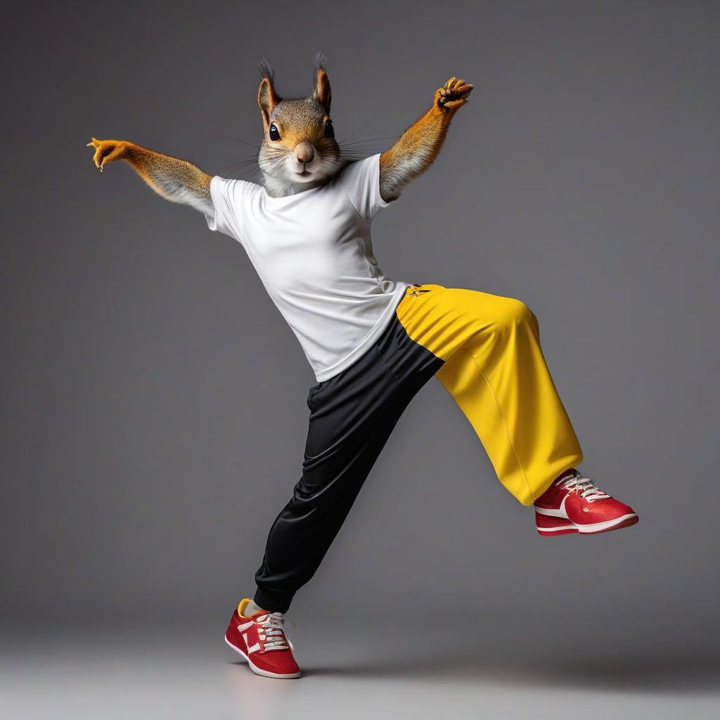  Cool squirrel dancer in black wide sports pants and a white top, and in yellow sneakers against a red black white background. hyperrealistic, full body, detailed clothing, highly detailed, cinematic lighting, stunningly beautiful, intricate, sharp focus, f/1. 8, 85mm, (centered image composition), (professionally color graded), ((bright soft diffused light)), volumetric fog, trending on instagram, trending on tumblr, HDR 4K, 8K