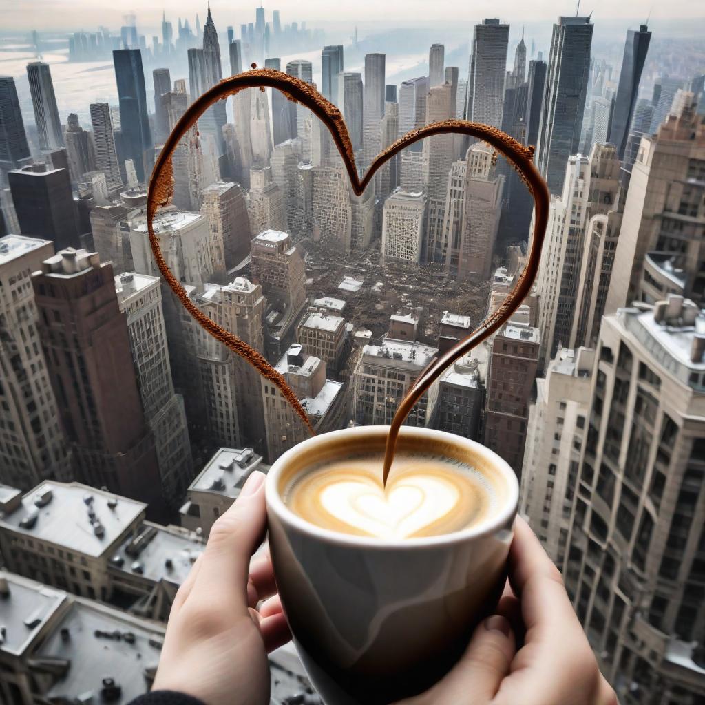  A coffee miracle that has a heart shape in front of a view of a turbulent city