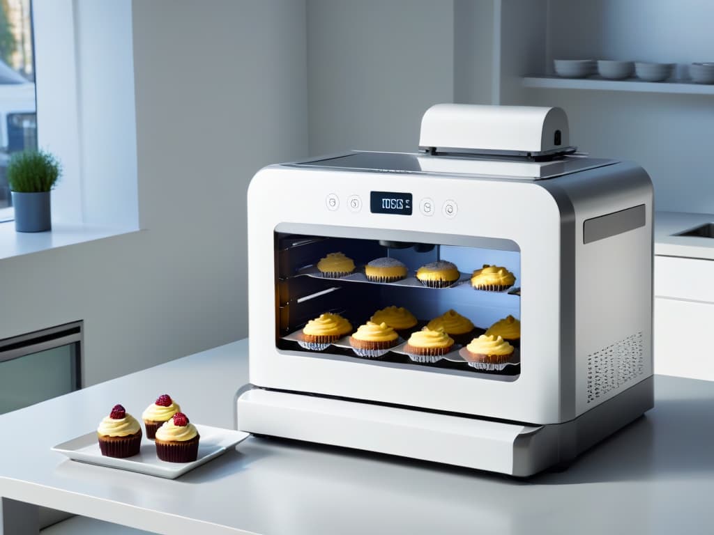  An ultradetailed, highresolution image of a sleek, modern cupcake and muffin baking machine in a pristine white kitchen setting. The machine is the focal point, showcasing its elegant design and advanced features, with soft natural lighting highlighting its smooth curves and metallic accents. The image captures the essence of precision and efficiency in home baking, appealing to readers seeking the perfect tool for creating delicious cupcakes and muffins. hyperrealistic, full body, detailed clothing, highly detailed, cinematic lighting, stunningly beautiful, intricate, sharp focus, f/1. 8, 85mm, (centered image composition), (professionally color graded), ((bright soft diffused light)), volumetric fog, trending on instagram, trending on tumblr, HDR 4K, 8K