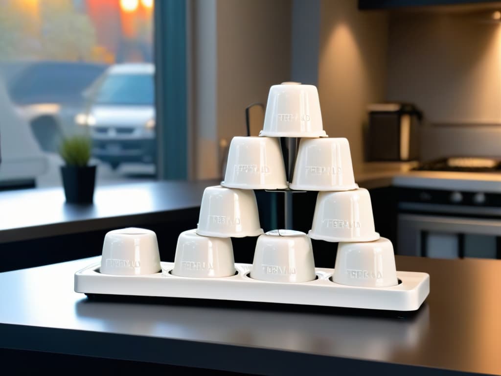  A sleek and modern kitchen counter adorned with a set of pristine white ceramic measuring cups, engraved with the iconic "Central Perk" logo from Friends. Each cup is neatly stacked, reflecting the soft glow of warm sunlight streaming in from a nearby window. The clean lines and minimalist design of the utensils exude a sense of elegance and sophistication, perfectly capturing the essence of the beloved TV show in a contemporary setting. hyperrealistic, full body, detailed clothing, highly detailed, cinematic lighting, stunningly beautiful, intricate, sharp focus, f/1. 8, 85mm, (centered image composition), (professionally color graded), ((bright soft diffused light)), volumetric fog, trending on instagram, trending on tumblr, HDR 4K, 8K