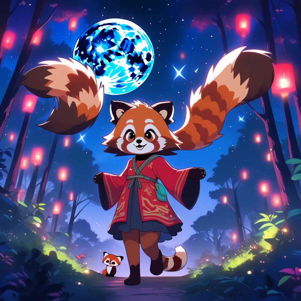  anime artwork Girl without ears and tail + red panda nearby + magical forest at night, under full moon + anime + anime . anime style, key visual, vibrant, studio anime,  highly detailed
