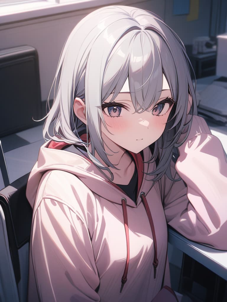  Gray hair, bob, hoodie, girl, high school student, cool, masterpiece, best quality,8k,ultra detailed,high resolution,an extremely delicate and beautiful,hyper detail