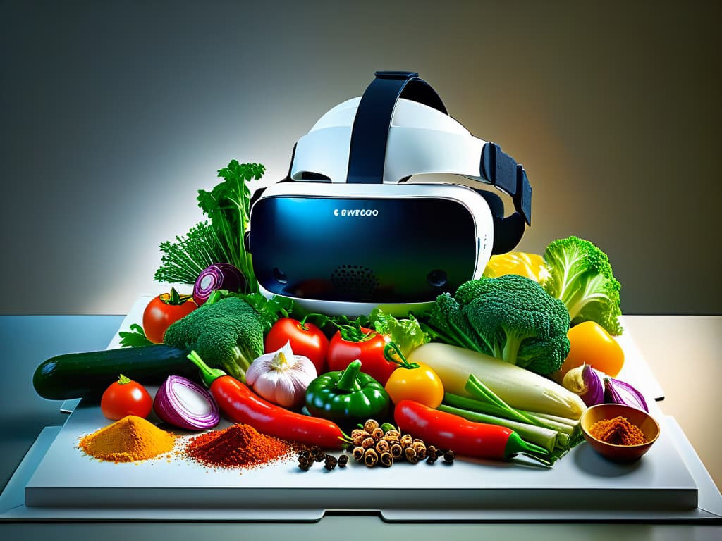  A stunningly detailed image of a virtual reality headset superimposed with various international food ingredients, such as spices, herbs, and vegetables, floating in the air around it. The headset is sleek and modern, emitting a soft, futuristic glow, while the ingredients are vibrant and colorful, representing different cuisines from around the world. This minimalist yet captivating visual encapsulates the blend of technology and global flavors that the article aims to explore. hyperrealistic, full body, detailed clothing, highly detailed, cinematic lighting, stunningly beautiful, intricate, sharp focus, f/1. 8, 85mm, (centered image composition), (professionally color graded), ((bright soft diffused light)), volumetric fog, trending on instagram, trending on tumblr, HDR 4K, 8K