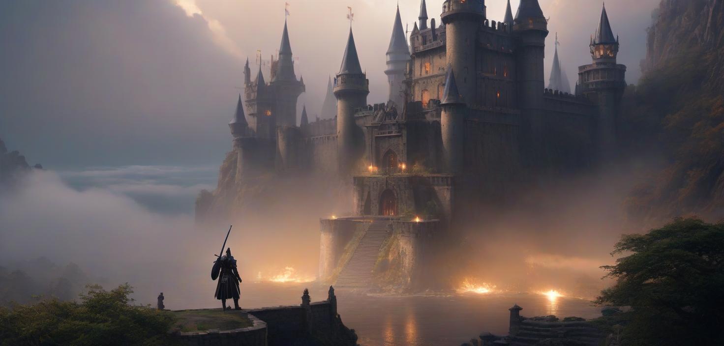  Anime, best quality, Gothic castle in the fog on the right side, 2 elf s a warrior and a magician in black on the left side, they smile, one in a sword, they stand tall, They are in different armor, they are 30 year, they are , they stand in an emce, they have different faces, they have bare shoulders and big s on a brown background, the sun, very juicy saturated colors hyperrealistic, full body, detailed clothing, highly detailed, cinematic lighting, stunningly beautiful, intricate, sharp focus, f/1. 8, 85mm, (centered image composition), (professionally color graded), ((bright soft diffused light)), volumetric fog, trending on instagram, trending on tumblr, HDR 4K, 8K