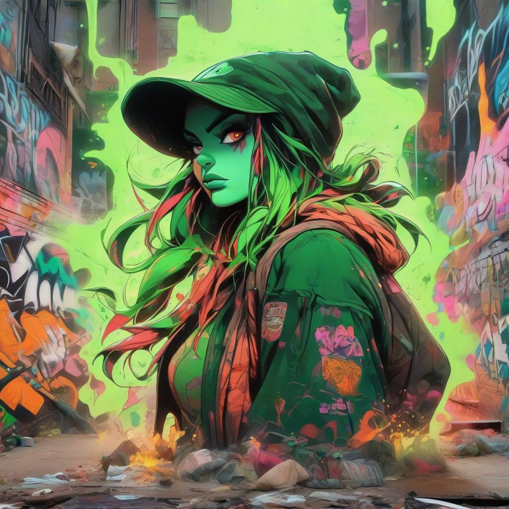  graffiti style colorful Drawing, Gritty Girl, Witch, wearing Wool cap, Movie still, Side lighting, F/14, green details, dirty, very, professional fine composition, dynamic composition, artistic, dynamic dramatic atmosphere, advanced cinematic perfect light, magical composition, beautiful detailed supreme quality color intricate, highly detail, ambient background, stunning, great composition . street art, vibrant, urban, detailed, tag, mural hyperrealistic, full body, detailed clothing, highly detailed, cinematic lighting, stunningly beautiful, intricate, sharp focus, f/1. 8, 85mm, (centered image composition), (professionally color graded), ((bright soft diffused light)), volumetric fog, trending on instagram, trending on tumblr, HDR 4K, 8K