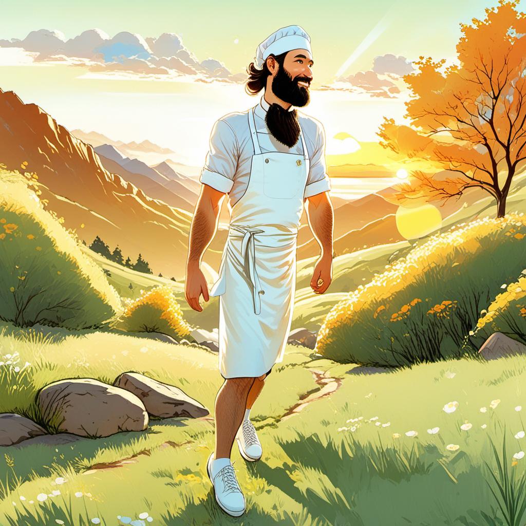  a man walking on a mountain,,a rocky mountain,,a robust, cheerful male chef with a bushy beard, wearing a traditional white chef's hat, a white shirt, and a white apron, and black trousers, white shoes. he has a confident and warm expression, exuding friendliness and strength. the character is detailed with realistic textures and a slightly fantasy inspired aesthetic.,sky blue (#87ceeb), sun yellow (#ffd700), bright white (sunlight reflection) (#ffffff), soft green (grass) (#98fb98), warm orange (sunrise/sunset accent) (#ffa07a),high quality, cartoonish, 4k, comic style, manga and manhwa style, (((painting style)))