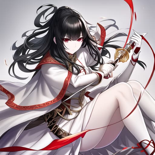  a girl manhua character with black hair and red eyes with white skin wearing knite dress and carrying a sword hyperrealistic, full body, detailed clothing, highly detailed, cinematic lighting, stunningly beautiful, intricate, sharp focus, f/1. 8, 85mm, (centered image composition), (professionally color graded), ((bright soft diffused light)), volumetric fog, trending on instagram, trending on tumblr, HDR 4K, 8K