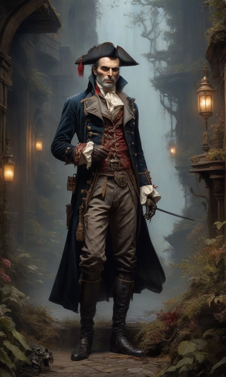  In the style of Jean Baptiste Monge, full length view, In the style of Jean Baptiste Monge, full length, closed portrait of a Victorian vampire pirate painting in a picturesque mysterious environment intricate, elegant, very detailed, centered, digital painting, art, concept art, smooth, sharp focus, illustration, arterm, tomas alen coper, Peter Moerbacher, Donato Gjancola, Joseph Christian Leyendecker, Wop Leyendecker, Wop, wlop, wop, Detailed look. soft colors, hyperrealistic, full body, detailed clothing, highly detailed, cinematic lighting, stunningly beautiful, intricate, sharp focus, f/1. 8, 85mm, (centered image composition), (professionally color graded), ((bright soft diffused light)), volumetric fog, trending on instagram, trending on tumblr, HDR 4K, 8K