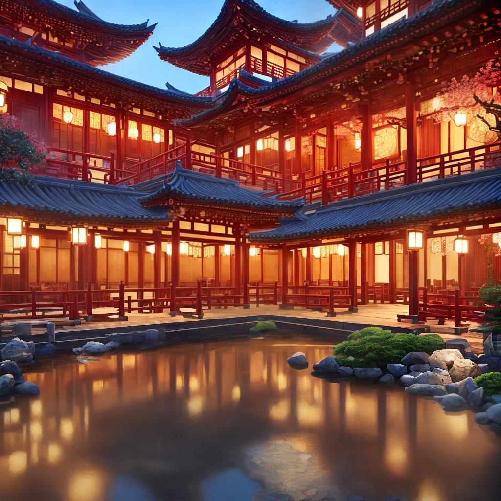  ((masterpiece)),(((best quality))), 8k, high detailed, ultra-detailed. An exquisite fusion of Japanese and Chinese architectural styles, a tranquil courtyard adorned with (intricate wooden lattice work), vibrant red and gold (feng shui elements), delicate cherry blossom petals floating in the air, a (teahouse) nestled amidst the greenery, gentle lantern light casting warm and inviting shadows. hyperrealistic, full body, detailed clothing, highly detailed, cinematic lighting, stunningly beautiful, intricate, sharp focus, f/1. 8, 85mm, (centered image composition), (professionally color graded), ((bright soft diffused light)), volumetric fog, trending on instagram, trending on tumblr, HDR 4K, 8K