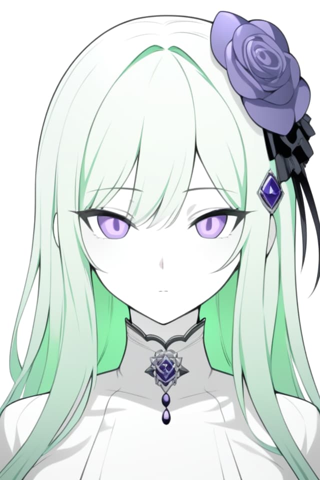  (masterpiece,best quakity;1.4),1girl,solo,green hair,long hair,purple eyes,formal dress,Purple rose hair ornament,expressionless,simple background,portrait,(monochrome:1.2),