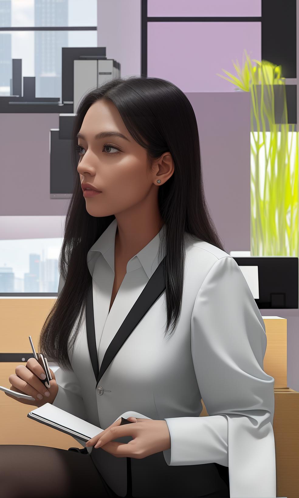  masterpiece, best quality, A modern office woman, dressed in a sleek black suit, is sitting at her desk in a high rise building. Her desk is cluttered with papers, a laptop, and a cup of coffee. The environment is a contemporary office with floor to ceiling windows offering a breathtaking view of the city skyline. The mood is focused and determined, as she is engrossed in her work. The style is a realistic photograph with crisp details, capturing the modern aesthetic of the office. The lighting is bright and natural, illuminating the woman's face and emphasizing her professionalism. The realization is captured using a high resolution DSLR camera, showcasing the intricate details of the scene.