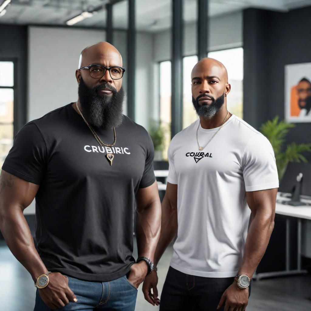  African American tech CEO named Herb Coakley. He is a bald middle-aged man with a full black beard and a diamond stud earring, dressed in hip hop style. He is wearing a black t-shirt with the 'Courial' logo on it. He is presenting in a modern tech office environment, reflecting his confident and stylish persona. hyperrealistic, full body, detailed clothing, highly detailed, cinematic lighting, stunningly beautiful, intricate, sharp focus, f/1. 8, 85mm, (centered image composition), (professionally color graded), ((bright soft diffused light)), volumetric fog, trending on instagram, trending on tumblr, HDR 4K, 8K