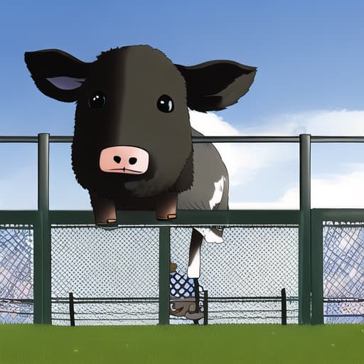  cow with legs hanging over fence