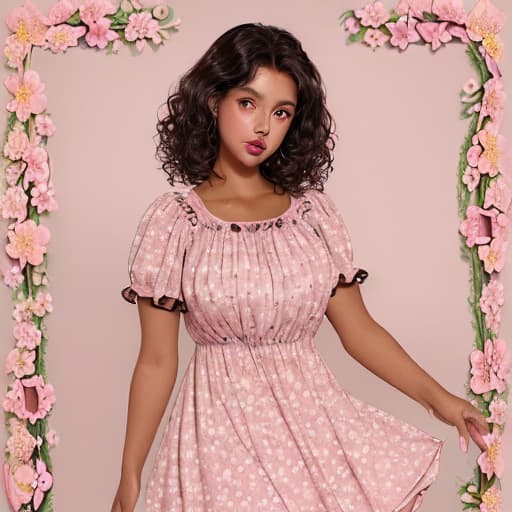  Woman with tanned skin, dark curly hair, dark brown eyes, full and slightly pink lips, round cheeks, wearing a flowery dress.