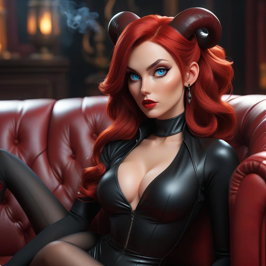  The succubus girl. Blue eyes, red hair down to shoulder height. Black short horns. She is sitting on a red leather sofa with her legs crossed. She is dressed in a black bodysuit with a deep neckline and stockings. Smokes vape. hyperrealistic, full body, detailed clothing, highly detailed, cinematic lighting, stunningly beautiful, intricate, sharp focus, f/1. 8, 85mm, (centered image composition), (professionally color graded), ((bright soft diffused light)), volumetric fog, trending on instagram, trending on tumblr, HDR 4K, 8K