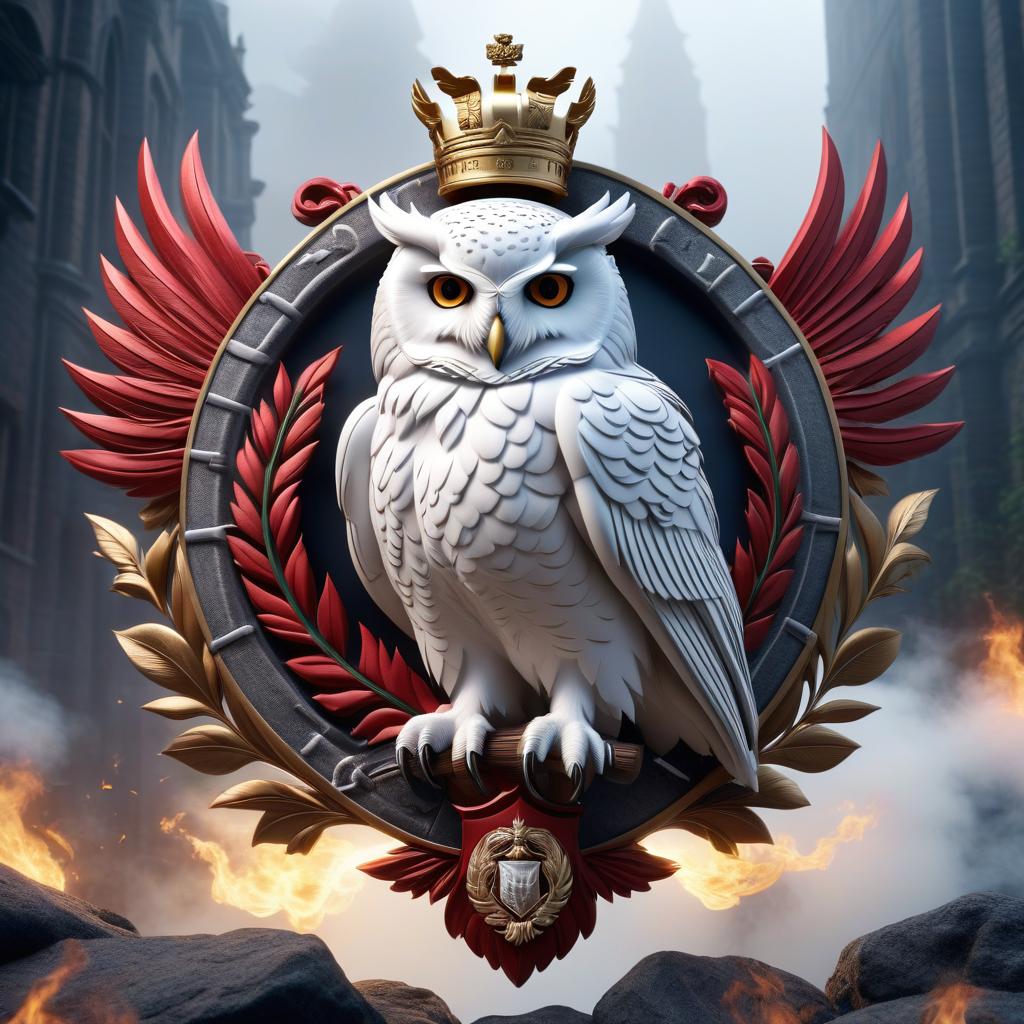  The school's coat of arms. On the coat of arms, there is only a white owl depicted. hyperrealistic, full body, detailed clothing, highly detailed, cinematic lighting, stunningly beautiful, intricate, sharp focus, f/1. 8, 85mm, (centered image composition), (professionally color graded), ((bright soft diffused light)), volumetric fog, trending on instagram, trending on tumblr, HDR 4K, 8K