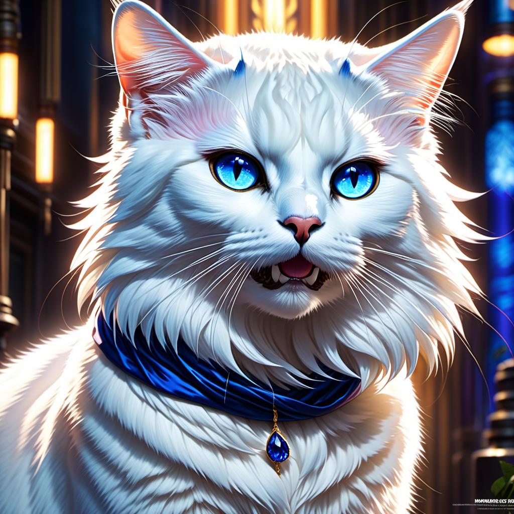  anime artwork A white coated Mekong cat with sapphire eyes is a wild one. . anime style, key visual, vibrant, studio anime, highly detailed hyperrealistic, full body, detailed clothing, highly detailed, cinematic lighting, stunningly beautiful, intricate, sharp focus, f/1. 8, 85mm, (centered image composition), (professionally color graded), ((bright soft diffused light)), volumetric fog, trending on instagram, trending on tumblr, HDR 4K, 8K