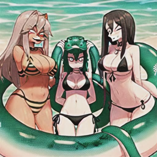  furry in bikinis being coiled by a snake