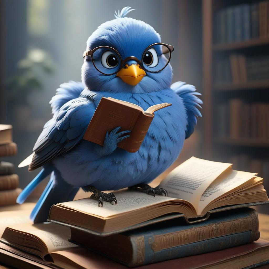  Dear tiny Blue Bird in glasses, holding a book in their hands, while another animal is holding a book in its wings. hyperrealistic, full body, detailed clothing, highly detailed, cinematic lighting, stunningly beautiful, intricate, sharp focus, f/1. 8, 85mm, (centered image composition), (professionally color graded), ((bright soft diffused light)), volumetric fog, trending on instagram, trending on tumblr, HDR 4K, 8K