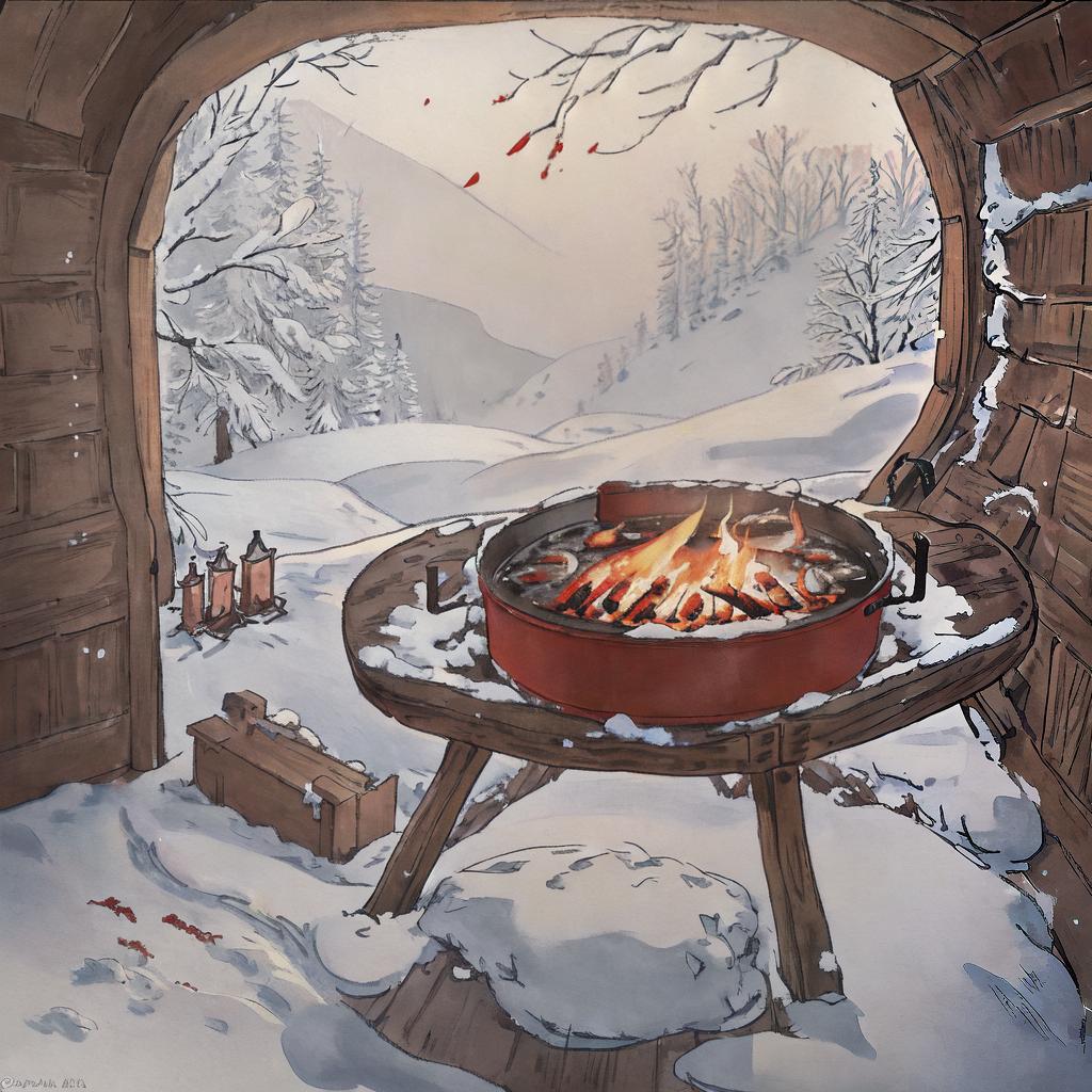  ((masterpiece)),(((best quality))), 8k, high detailed, ultra-detailed. Marika Hlinová cooking soup in a cabin during winter. Marika wearing a red knitted sweater, ((snow falling outside)), ((crackling fireplace)) warming the room, wooden cabin interior, rustic atmosphere, (a pot of soup simmering on the stove), (steam rising from the soup), cozy and inviting ambiance, (snow-covered windowpanes), soft warm lighting hyperrealistic, full body, detailed clothing, highly detailed, cinematic lighting, stunningly beautiful, intricate, sharp focus, f/1. 8, 85mm, (centered image composition), (professionally color graded), ((bright soft diffused light)), volumetric fog, trending on instagram, trending on tumblr, HDR 4K, 8K