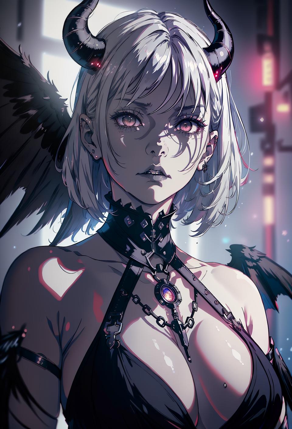  ((trending, highres, masterpiece, cinematic shot)), 1girl, mature, female goth clothing, large, cosmic horror scene, medium-length straight grey hair, shaved head, large white eyes, reserved personality, sad expression, horns, wings, grey skin, lively, clever