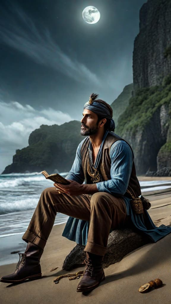  (A moonlit beach on a remote, rocky coastline, surrounded by towering cliffs and lush, dense forests. Eli, a weathered fisherman, sits on the beach, animatedly telling a group of rapt village children stories of his adventure to uncover ancient pirate artifacts, including carved bones, silver amulets, and weathered scrolls that reveal the history of the pirate queen and her reign. The children listen with wide eyed wonder, captivated by Eli's tales and the treasures he has discovered.) hyperrealistic, full body, detailed clothing, highly detailed, cinematic lighting, stunningly beautiful, intricate, sharp focus, f/1. 8, 85mm, (centered image composition), (professionally color graded), ((bright soft diffused light)), volumetric fog, trending on instagram, trending on tumblr, HDR 4K, 8K