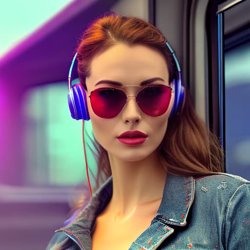 nvinkpunk Realistic image of a woman wearing headphones and reading glasses while riding a bus. hyperrealistic, full body, detailed clothing, highly detailed, cinematic lighting, stunningly beautiful, intricate, sharp focus, f/1. 8, 85mm, (centered image composition), (professionally color graded), ((bright soft diffused light)), volumetric fog, trending on instagram, trending on tumblr, HDR 4K, 8K