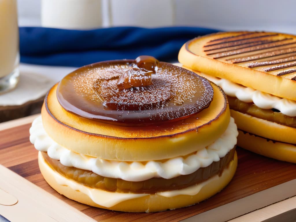  An ultradetailed closeup image of a freshly cooked, goldenbrown Venezuelan sweet arepa, topped with a dollop of creamy queso de mano and a drizzle of rich papelón syrup. The texture of the crispy outer layer contrasts beautifully with the soft, steamy interior, showcasing the traditional ingredients and craftsmanship of this beloved treat. The glossy cheese and dark syrup glisten invitingly, exuding warmth and sweetness that evoke a sense of cultural pride and culinary artistry. hyperrealistic, full body, detailed clothing, highly detailed, cinematic lighting, stunningly beautiful, intricate, sharp focus, f/1. 8, 85mm, (centered image composition), (professionally color graded), ((bright soft diffused light)), volumetric fog, trending on instagram, trending on tumblr, HDR 4K, 8K