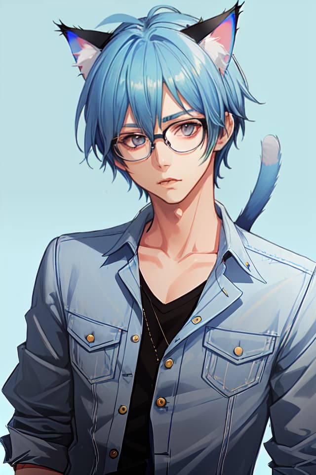  Blue hair, glasses, men, cat ears, Shota