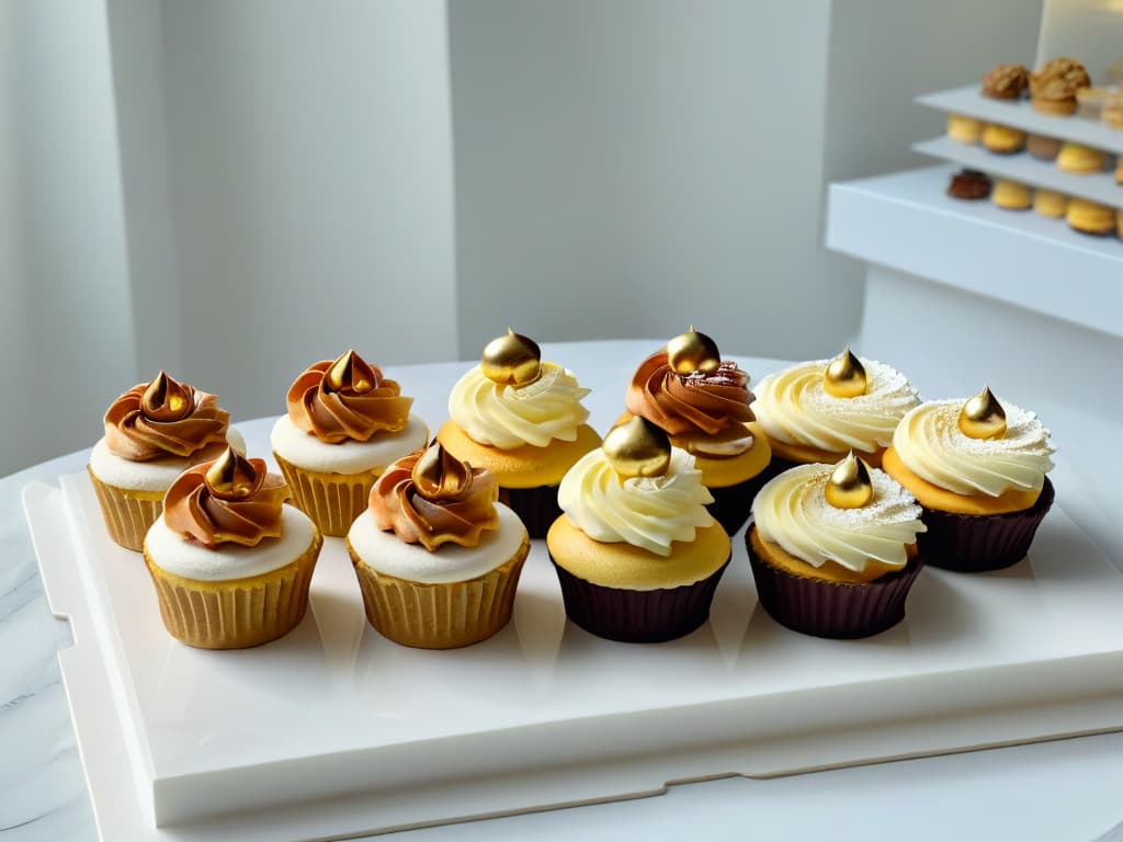  A minimalist image featuring an assortment of elegant glutenfree pastries arranged on a sleek marble countertop. The pastries include intricately decorated cupcakes, delicate macarons, and decadent layered cakes, all beautifully presented with a touch of edible gold leaf for a touch of luxury. The soft natural light filtering through a nearby window highlights the textures and colors of the pastries, creating a visually appealing and appetizing scene. hyperrealistic, full body, detailed clothing, highly detailed, cinematic lighting, stunningly beautiful, intricate, sharp focus, f/1. 8, 85mm, (centered image composition), (professionally color graded), ((bright soft diffused light)), volumetric fog, trending on instagram, trending on tumblr, HDR 4K, 8K