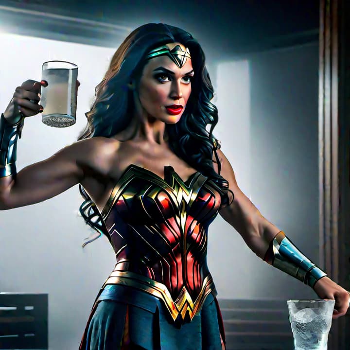  Wonder Woman is drinking a glass of water hyperrealistic, full body, detailed clothing, highly detailed, cinematic lighting, stunningly beautiful, intricate, sharp focus, f/1. 8, 85mm, (centered image composition), (professionally color graded), ((bright soft diffused light)), volumetric fog, trending on instagram, trending on tumblr, HDR 4K, 8K