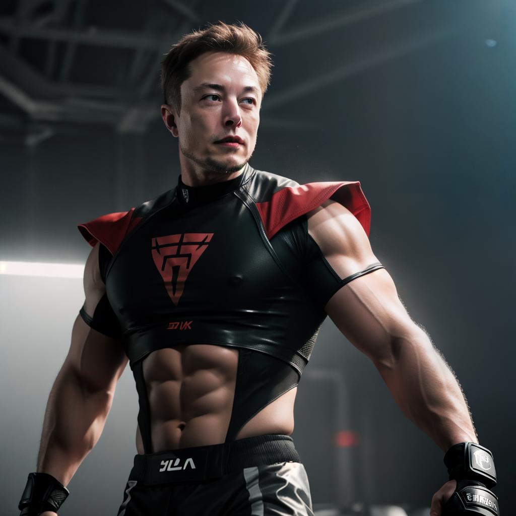  Elon musk as a mma fighter hyperrealistic, full body, detailed clothing, highly detailed, cinematic lighting, stunningly beautiful, intricate, sharp focus, f/1. 8, 85mm, (centered image composition), (professionally color graded), ((bright soft diffused light)), volumetric fog, trending on instagram, trending on tumblr, HDR 4K, 8K