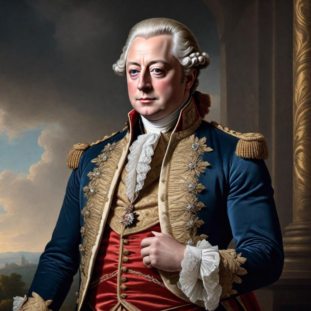  Create a digital painting of King George III wearing a three-piece suit in the style of an 18th-century portrait. The artwork should depict King George III with an elegant and regal demeanor, traditional to the period, while incorporating the distinctive elements of a three-piece suit, including a vest, jacket, and trousers, detailed with the fashion sensibilities of that era. The portrait should have a rich, textured background that enhances the royal presence of the subject. hyperrealistic, full body, detailed clothing, highly detailed, cinematic lighting, stunningly beautiful, intricate, sharp focus, f/1. 8, 85mm, (centered image composition), (professionally color graded), ((bright soft diffused light)), volumetric fog, trending on instagram, trending on tumblr, HDR 4K, 8K