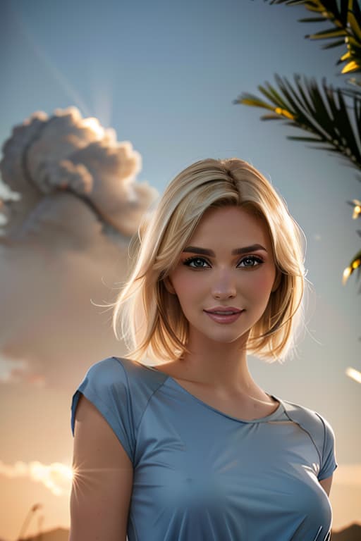  1girl,1girl,blonde short hair,straight hair,upper body shot,shirt,smile hyperrealistic, full body, detailed clothing, highly detailed, cinematic lighting, stunningly beautiful, intricate, sharp focus, f/1. 8, 85mm, (centered image composition), (professionally color graded), ((bright soft diffused light)), volumetric fog, trending on instagram, trending on tumblr, HDR 4K, 8K