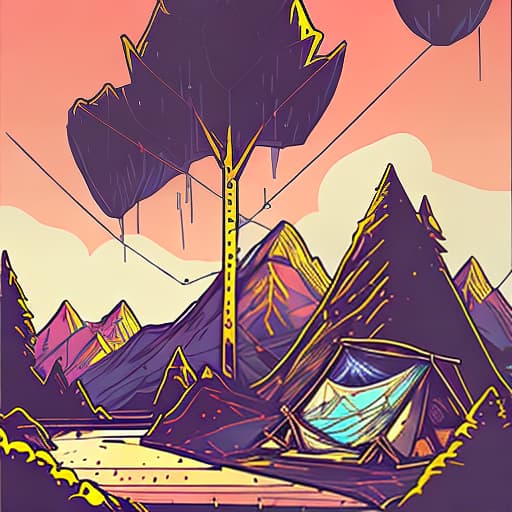 nvinkpunk Whimsical mountains with trees, camping tent and fire