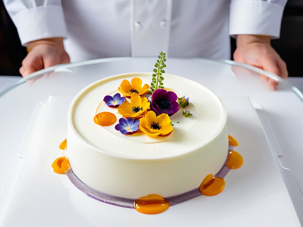  A highresolution, minimalist image of a futuristic molecular gastronomy dessert being delicately constructed by a chef in a sleek, modern kitchen laboratory. The dessert features intricate layers of colorful gels, foams, and edible flowers, all meticulously arranged on a pristine white plate. The chef, wearing a crisp white uniform and focused expression, is using precision tools to add the final touches to the avantgarde dessert, showcasing the fusion of science and art in molecular pastry creation. hyperrealistic, full body, detailed clothing, highly detailed, cinematic lighting, stunningly beautiful, intricate, sharp focus, f/1. 8, 85mm, (centered image composition), (professionally color graded), ((bright soft diffused light)), volumetric fog, trending on instagram, trending on tumblr, HDR 4K, 8K