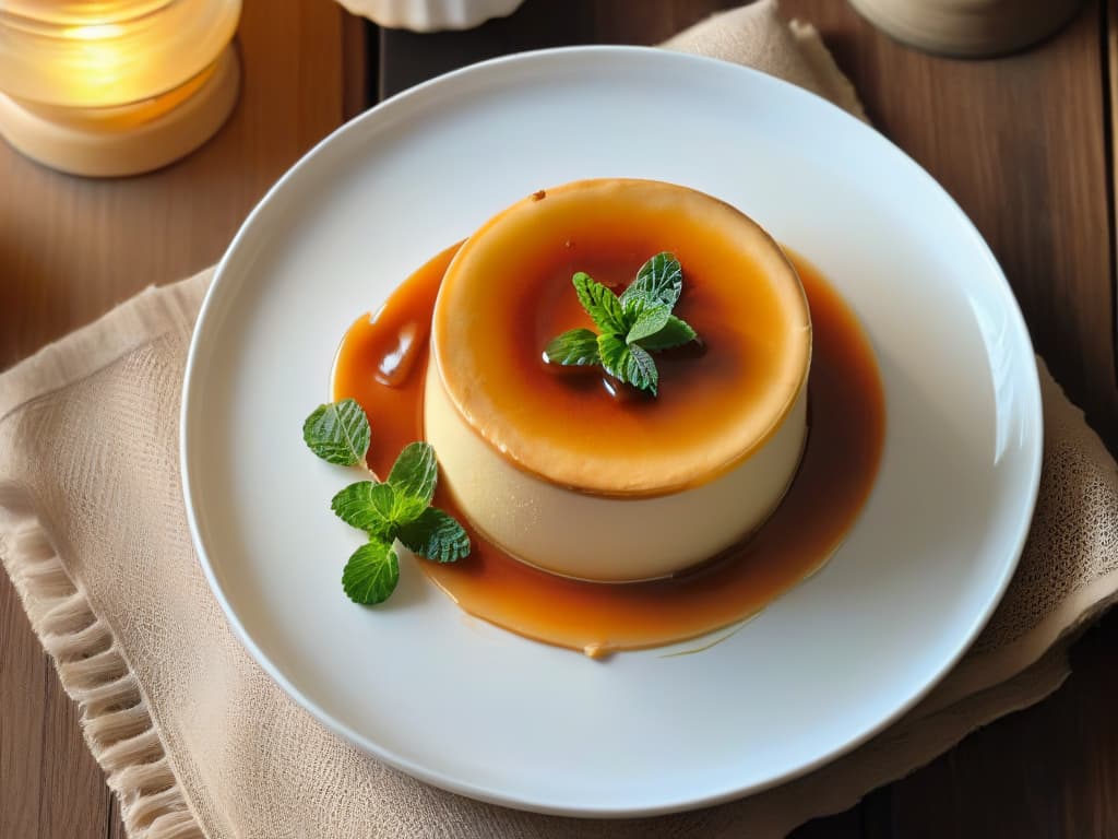  A closeup, highresolution image of a perfectly caramelized flan with a smooth, creamy texture, adorned with a delicate mint leaf on top, set against a simple, elegant white ceramic plate. The caramel drizzle cascades down the sides of the flan, capturing the glossy sheen of the dessert under a soft, natural light that highlights its velvety consistency and golden hue. The pristine presentation and exquisite details exude an air of sophistication and culinary mastery, appealing to the reader's desire for a truly exceptional homemade flan. hyperrealistic, full body, detailed clothing, highly detailed, cinematic lighting, stunningly beautiful, intricate, sharp focus, f/1. 8, 85mm, (centered image composition), (professionally color graded), ((bright soft diffused light)), volumetric fog, trending on instagram, trending on tumblr, HDR 4K, 8K