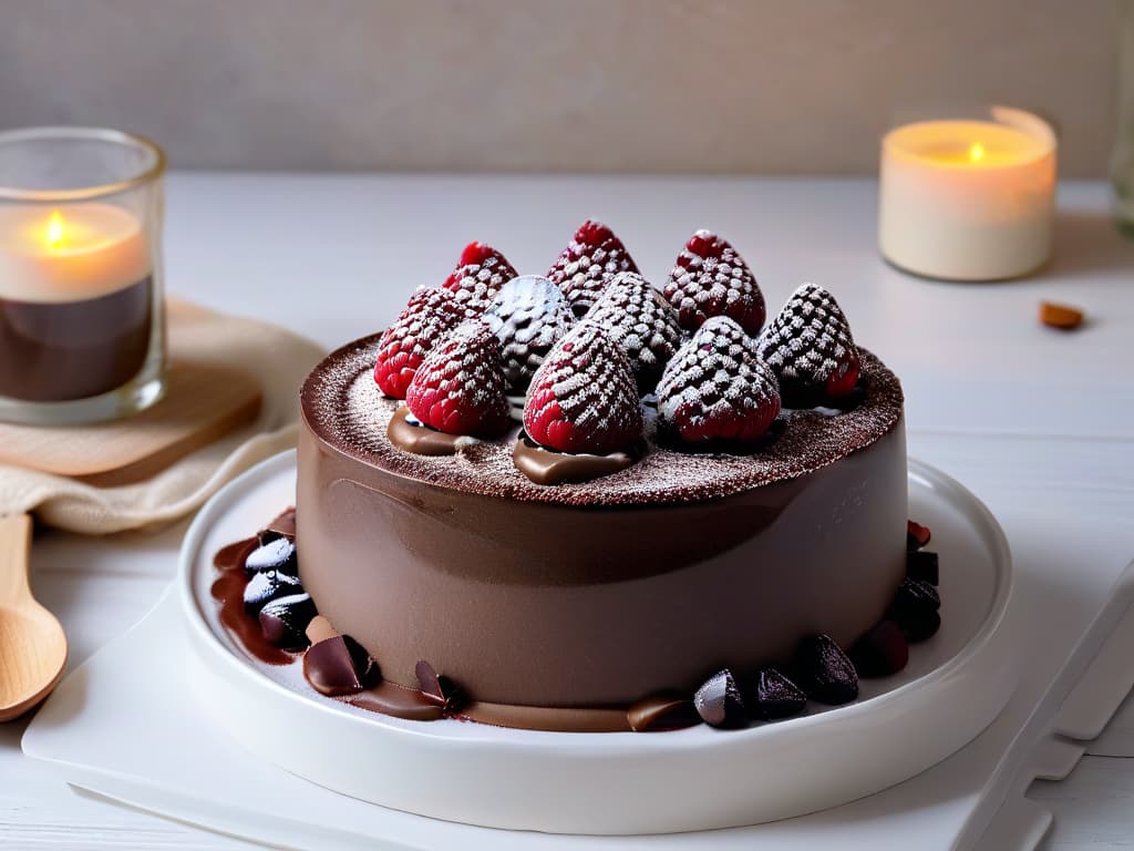  An ultradetailed 8k image of a sleek, modern kitchen with marble countertops, stainless steel appliances, and a pristine glass bowl filled with rich, velvety chocolate mousse topped with fresh raspberries and a sprinkle of cocoa powder. The natural light pouring in highlights the decadent dessert, creating a visually striking and appetizing scene that perfectly complements the theme of the article. hyperrealistic, full body, detailed clothing, highly detailed, cinematic lighting, stunningly beautiful, intricate, sharp focus, f/1. 8, 85mm, (centered image composition), (professionally color graded), ((bright soft diffused light)), volumetric fog, trending on instagram, trending on tumblr, HDR 4K, 8K