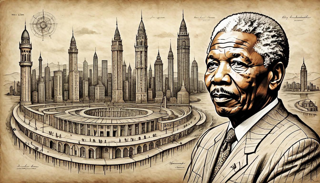  on parchment, surrealism+++, A stylized portrayal of Mandela, comprised of countless, intricate lines converging to form his image, prison bars transitioning into a city skyline in the background, journey from confinement to freedom, legacy imprinted, inspiring vision.(mysterious, provocative, symbolic,muted color)+++