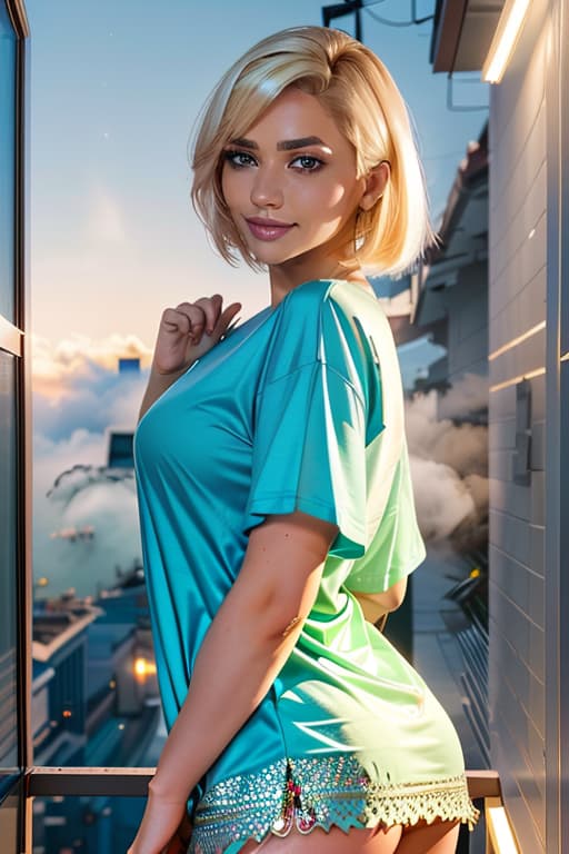  1girl,1girl,blonde short hair,straight hair,upper body shot,shirt,smile hyperrealistic, full body, detailed clothing, highly detailed, cinematic lighting, stunningly beautiful, intricate, sharp focus, f/1. 8, 85mm, (centered image composition), (professionally color graded), ((bright soft diffused light)), volumetric fog, trending on instagram, trending on tumblr, HDR 4K, 8K