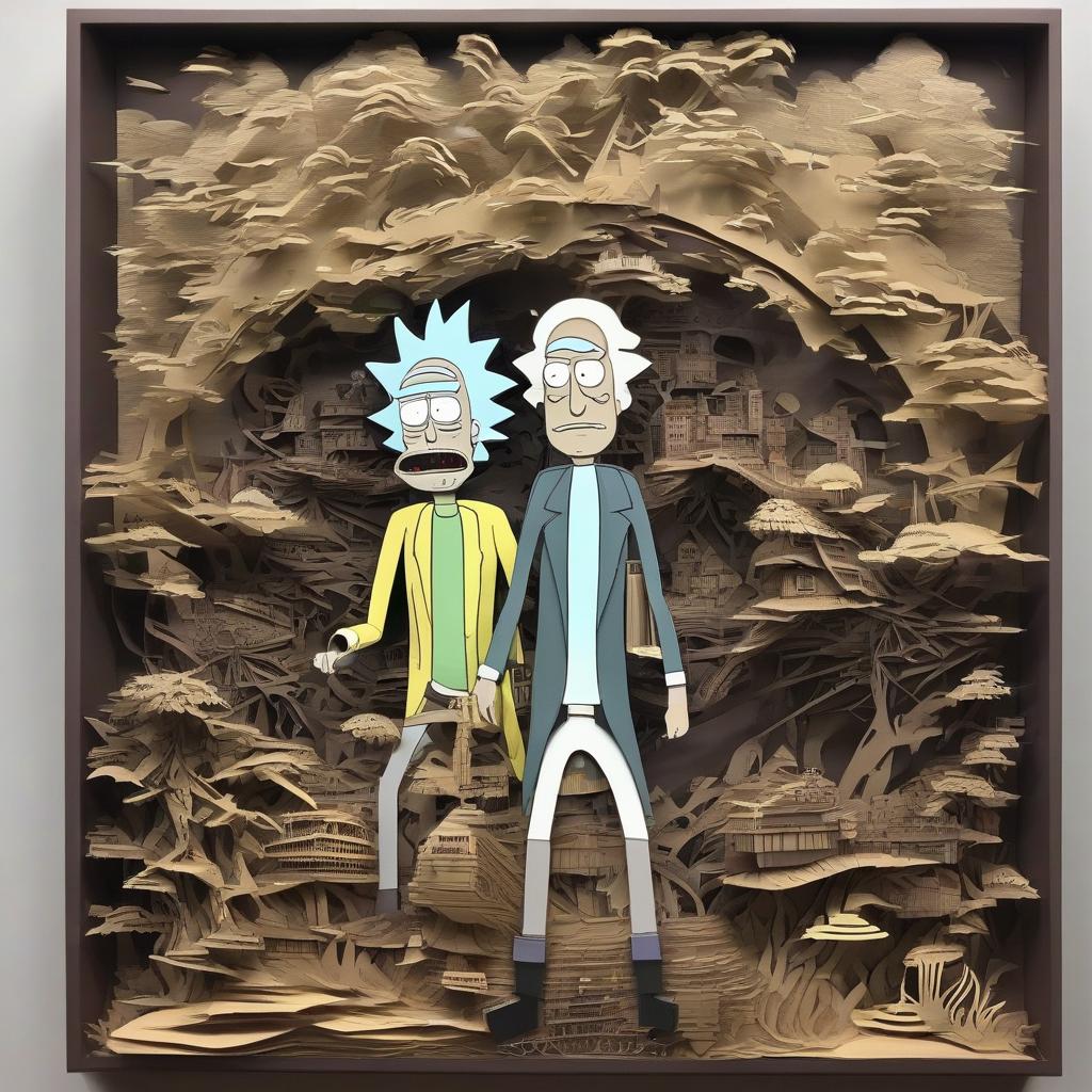  stacked papercut art of Rick and Morty and Einstein, фитнес тренер с бородой . 3D, layered, dimensional, depth, precision cut, stacked layers, papercut, high contrast hyperrealistic, full body, detailed clothing, highly detailed, cinematic lighting, stunningly beautiful, intricate, sharp focus, f/1. 8, 85mm, (centered image composition), (professionally color graded), ((bright soft diffused light)), volumetric fog, trending on instagram, trending on tumblr, HDR 4K, 8K