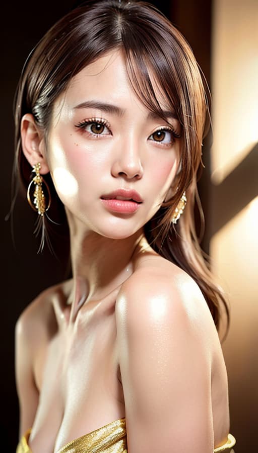  Japanese beauty Show the whole body Wearing gold metallic mini skin Refer to the image, (Masterpiece, BestQuality:1.3), (ultra detailed:1.2), (hyperrealistic:1.3), (RAW photo:1.2),High detail RAW color photo, professional photograph, (Photorealistic:1.4), (realistic:1.4), ,professional lighting, (japanese), beautiful face, (realistic face)