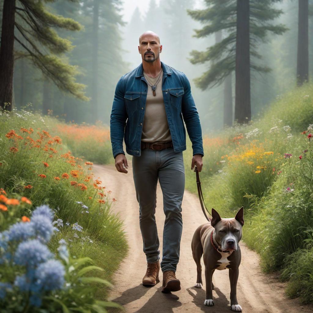  A serene scenery featuring a man and his pitbull. The man is casually dressed, perhaps wearing a hat, and is seen walking along a peaceful path surrounded by lush greenery. The pitbull is happily trotting beside him, occasionally looking up at his owner. The background includes tall trees, colorful wildflowers, and a clear blue sky with a few fluffy clouds. The overall mood of the scene is tranquil, exemplifying the strong bond and companionship between the man and his dog. hyperrealistic, full body, detailed clothing, highly detailed, cinematic lighting, stunningly beautiful, intricate, sharp focus, f/1. 8, 85mm, (centered image composition), (professionally color graded), ((bright soft diffused light)), volumetric fog, trending on instagram, trending on tumblr, HDR 4K, 8K