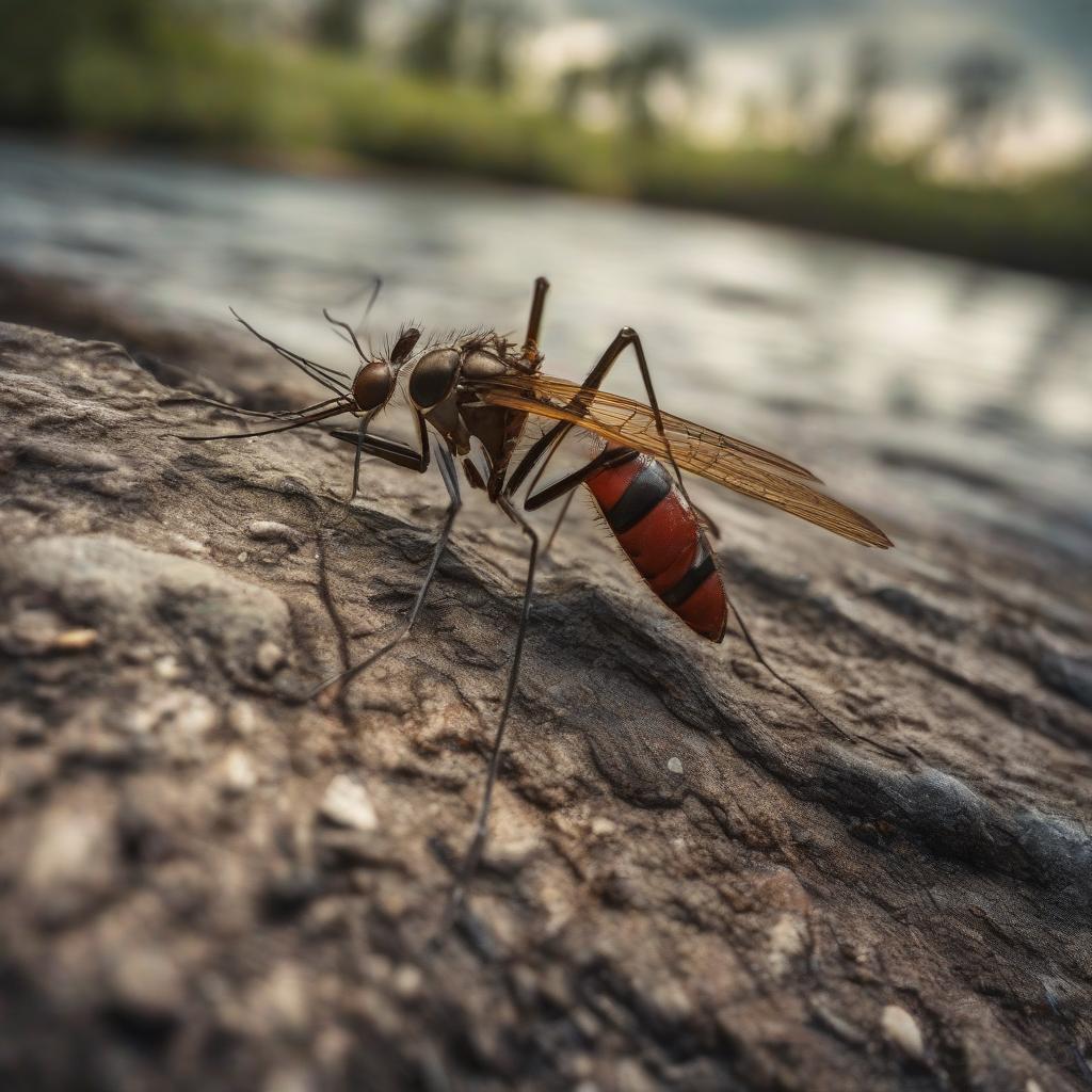  Mosquitoes on the bank of the river, without people and other objects. hyperrealistic, full body, detailed clothing, highly detailed, cinematic lighting, stunningly beautiful, intricate, sharp focus, f/1. 8, 85mm, (centered image composition), (professionally color graded), ((bright soft diffused light)), volumetric fog, trending on instagram, trending on tumblr, HDR 4K, 8K