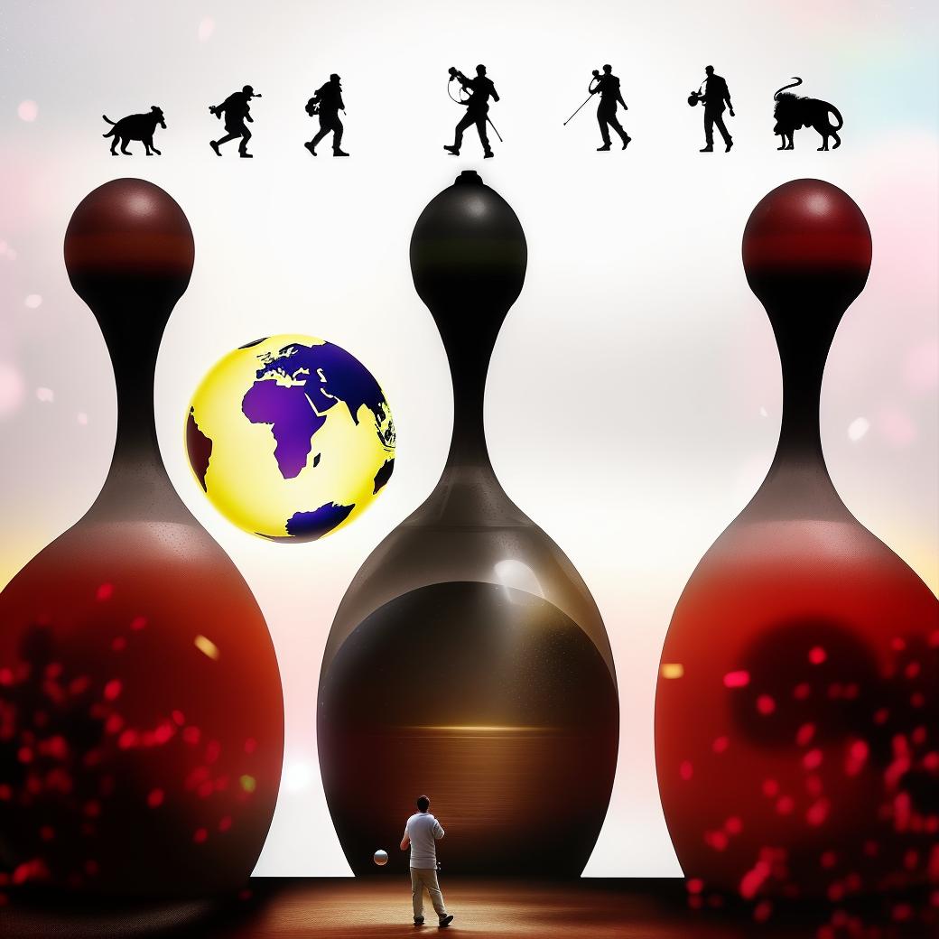  A silhouette of evolutionary man playing a bowling game, with a globe shaped Ball, colorfully presented., hyperrealistic, high quality, highly detailed, perfect lighting, intricate, sharp focus, f/1. 8, 85mm, (centered image composition), (professionally color graded), ((bright soft diffused light)), trending on instagram, HDR 4K, 8K