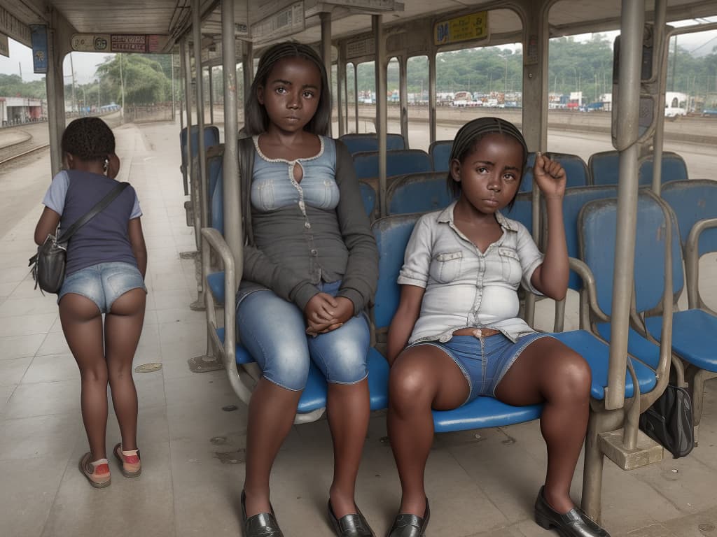  niña en calzones de Congo en piernas abiertas mostrando en la estación de buses